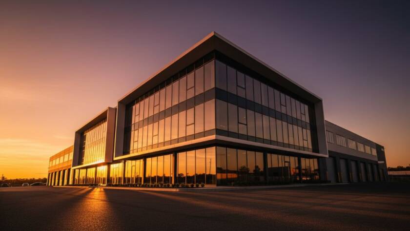 Dramatic golden hour shot showcasing a modern, angular building in Bayswater North, emphasizing its unique design with sharp shadows and reflective surfaces, highlighting Bayswater North architectural photography excellence.