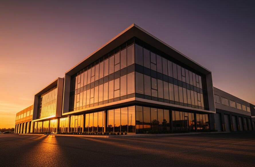 Dramatic golden hour shot showcasing a modern, angular building in Bayswater North, emphasizing its unique design with sharp shadows and reflective surfaces, highlighting Bayswater North architectural photography excellence.