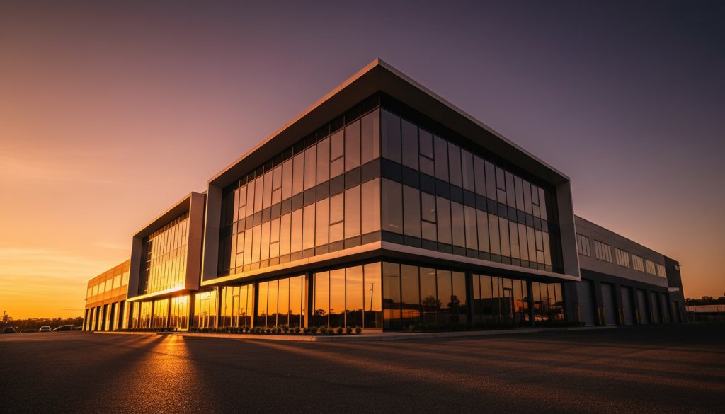 Dramatic golden hour shot showcasing a modern, angular building in Bayswater North, emphasizing its unique design with sharp shadows and reflective surfaces, highlighting Bayswater North architectural photography excellence.