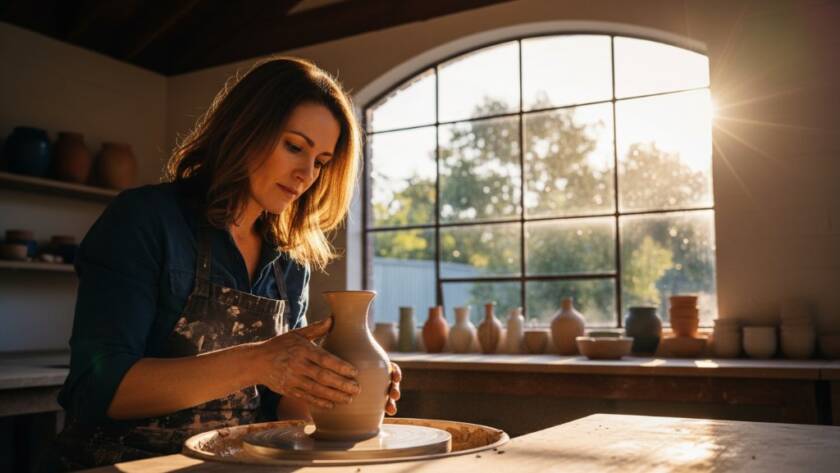 An epic moment captured: a local artisan in Bayswater North meticulously working on a unique handcrafted item in their studio, bathed in golden hour light, highlighting their dedication. This Bayswater North branding photography showcases authenticity and passion.