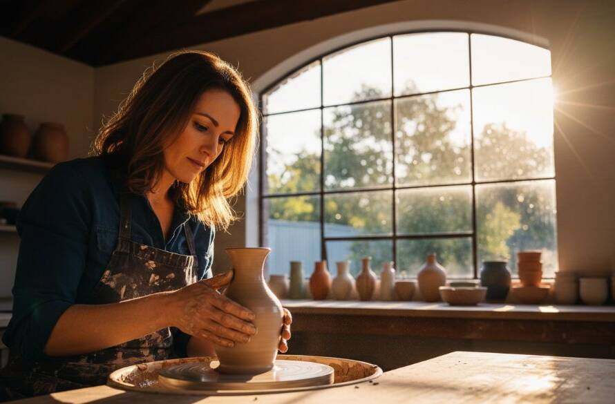 An epic moment captured: a local artisan in Bayswater North meticulously working on a unique handcrafted item in their studio, bathed in golden hour light, highlighting their dedication. This Bayswater North branding photography showcases authenticity and passion.