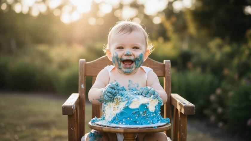 Epic moment of a baby joyfully smashing a cake during a Bayswater North Cake Smash Photography Joyful First Birthday session, covered in icing, with dramatic backlighting and soft focus on their happy, messy face.