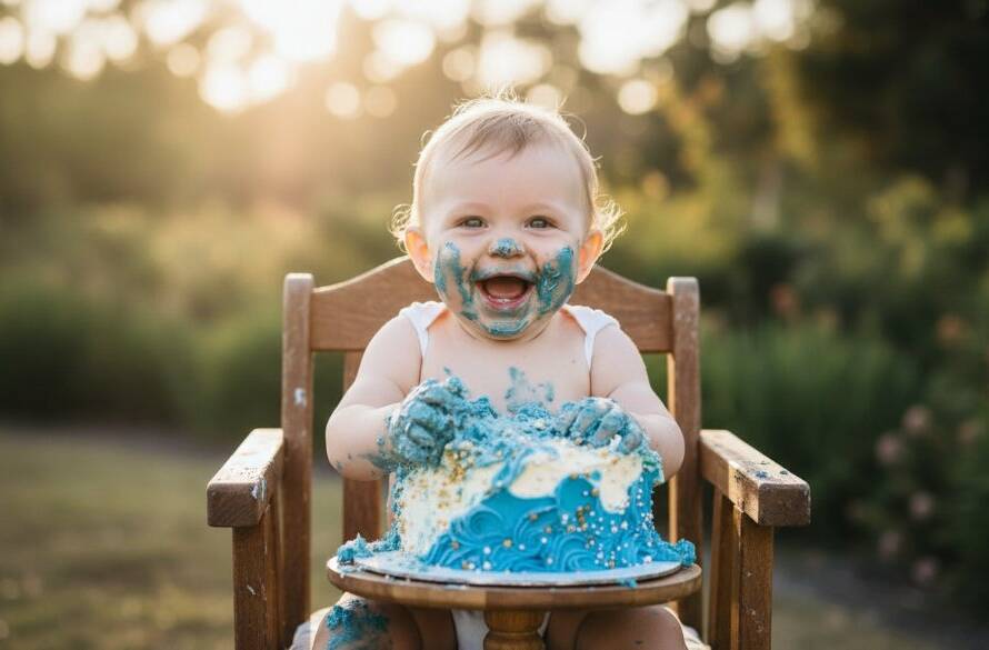 Epic moment of a baby joyfully smashing a cake during a Bayswater North Cake Smash Photography Joyful First Birthday session, covered in icing, with dramatic backlighting and soft focus on their happy, messy face.