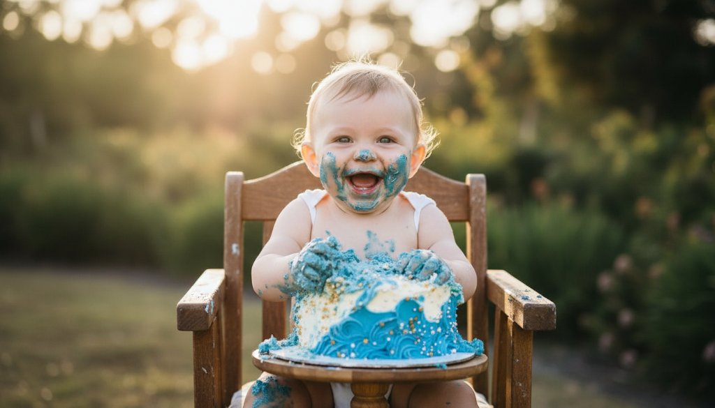 Epic moment of a baby joyfully smashing a cake during a Bayswater North Cake Smash Photography Joyful First Birthday session, covered in icing, with dramatic backlighting and soft focus on their happy, messy face.