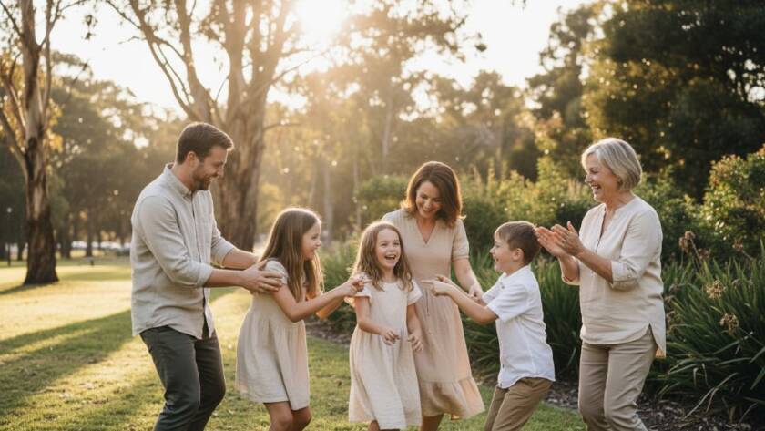 An emotional wide shot capturing a family's joyous, unposed interaction at sunset in Bayswater North, showcasing the essence of Bayswater North candid photography capturing authentic moments, with warm, golden light filtering through trees.