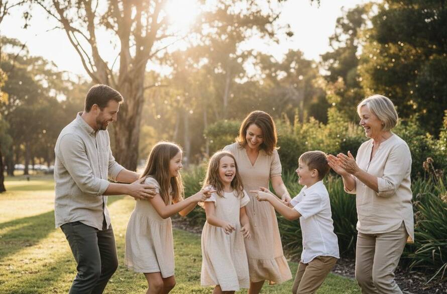 An emotional wide shot capturing a family's joyous, unposed interaction at sunset in Bayswater North, showcasing the essence of Bayswater North candid photography capturing authentic moments, with warm, golden light filtering through trees.