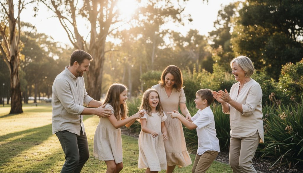 An emotional wide shot capturing a family's joyous, unposed interaction at sunset in Bayswater North, showcasing the essence of Bayswater North candid photography capturing authentic moments, with warm, golden light filtering through trees.