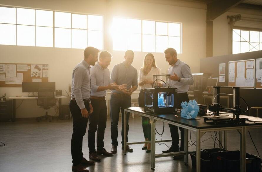 An epic moment captured in Bayswater North commercial lifestyle photography: A diverse team joyfully collaborating on a creative project in a sun-drenched, modern workshop, showcasing authentic teamwork and innovation, professionally colour-graded with dynamic lighting.