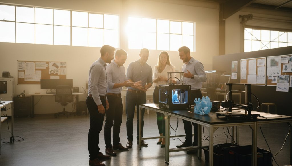 An epic moment captured in Bayswater North commercial lifestyle photography: A diverse team joyfully collaborating on a creative project in a sun-drenched, modern workshop, showcasing authentic teamwork and innovation, professionally colour-graded with dynamic lighting.