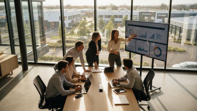 Dynamic wide shot of a team of professionals collaborating in a modern office space in Bayswater North, with natural light streaming through large windows, showcasing professional Bayswater North corporate branding photography for local businesses, exuding confidence and teamwork.