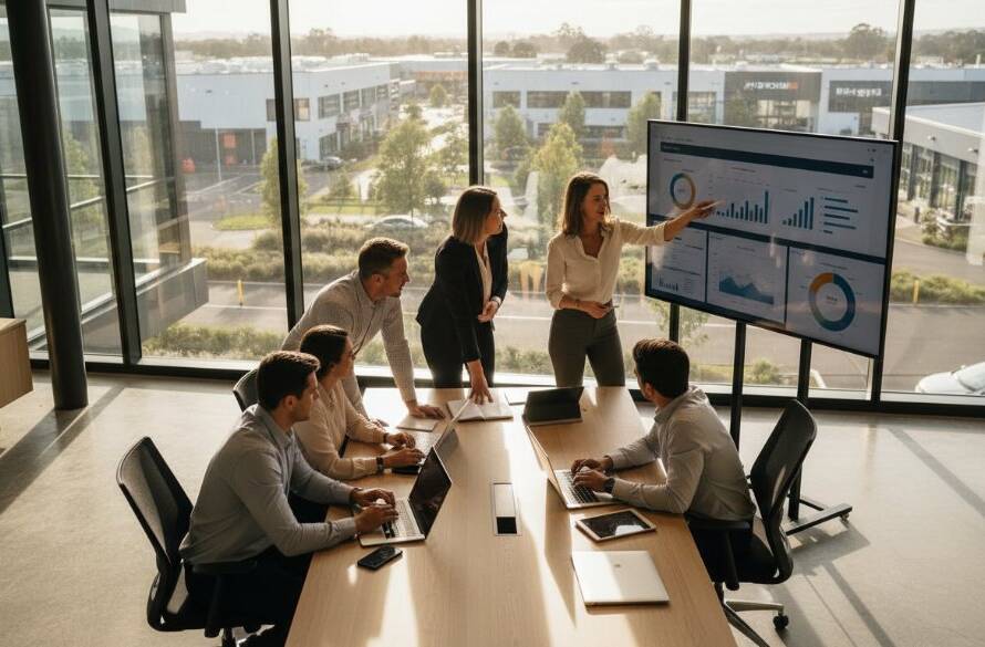 Dynamic wide shot of a team of professionals collaborating in a modern office space in Bayswater North, with natural light streaming through large windows, showcasing professional Bayswater North corporate branding photography for local businesses, exuding confidence and teamwork.