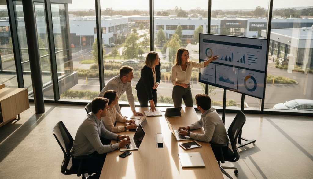 Dynamic wide shot of a team of professionals collaborating in a modern office space in Bayswater North, with natural light streaming through large windows, showcasing professional Bayswater North corporate branding photography for local businesses, exuding confidence and teamwork.