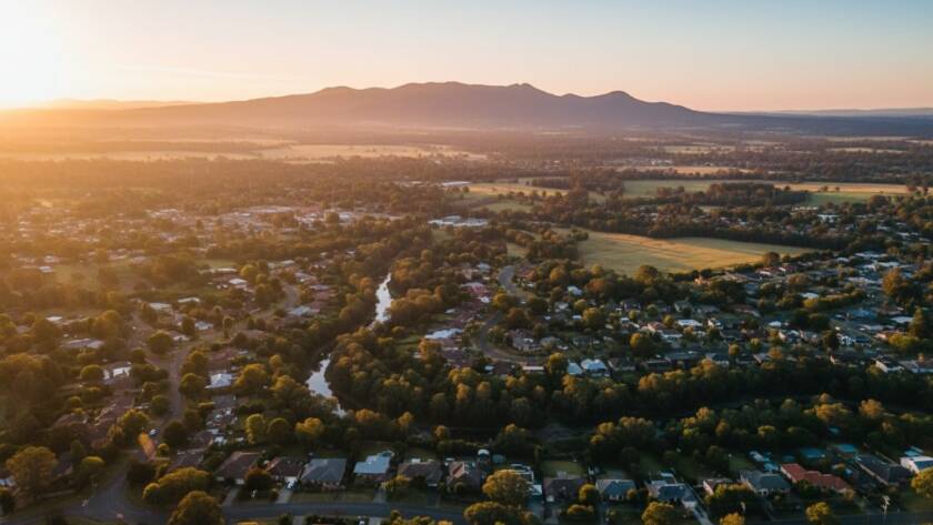 An epic aerial view of Bayswater North showcasing the Dandenong Ranges at sunrise, captured by professional Bayswater North drone photography stunning views, with golden light illuminating a serene suburban landscape, reflecting in a distant water feature, evoking a sense of calm and grandeur.