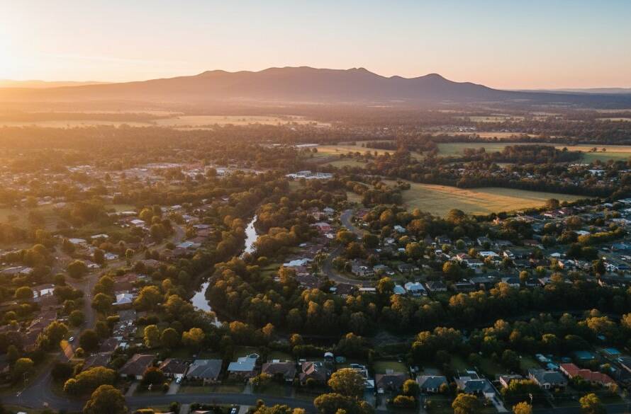 An epic aerial view of Bayswater North showcasing the Dandenong Ranges at sunrise, captured by professional Bayswater North drone photography stunning views, with golden light illuminating a serene suburban landscape, reflecting in a distant water feature, evoking a sense of calm and grandeur.