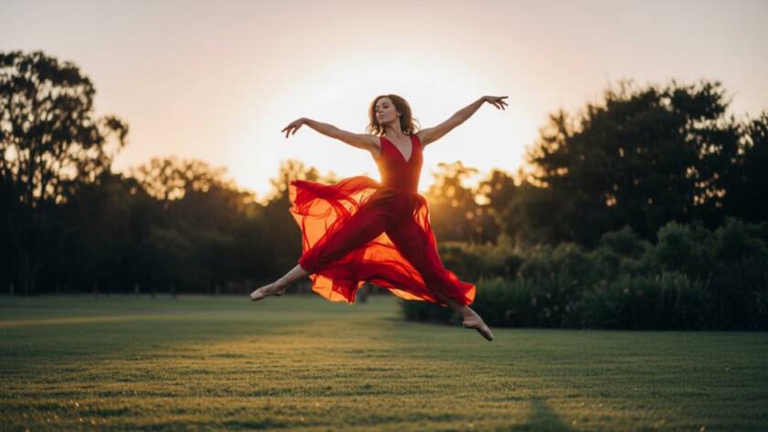 An energetic dancer captured mid-leap against a softly blurred, golden hour backdrop in Bayswater North, embodying the spirit of Bayswater North dynamic dance portraits Victoria, with dramatic lighting highlighting their silhouette and flowing costume.