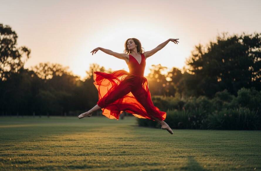 An energetic dancer captured mid-leap against a softly blurred, golden hour backdrop in Bayswater North, embodying the spirit of Bayswater North dynamic dance portraits Victoria, with dramatic lighting highlighting their silhouette and flowing costume.