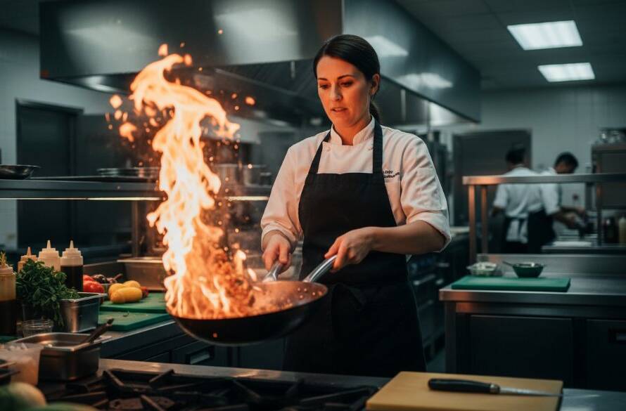 A dynamic, wide-angle shot of a chef expertly tossing ingredients in a vibrant, bustling kitchen in Bayswater North, showcasing the energy of local food businesses through compelling Bayswater North editorial photography for compelling brand stories.