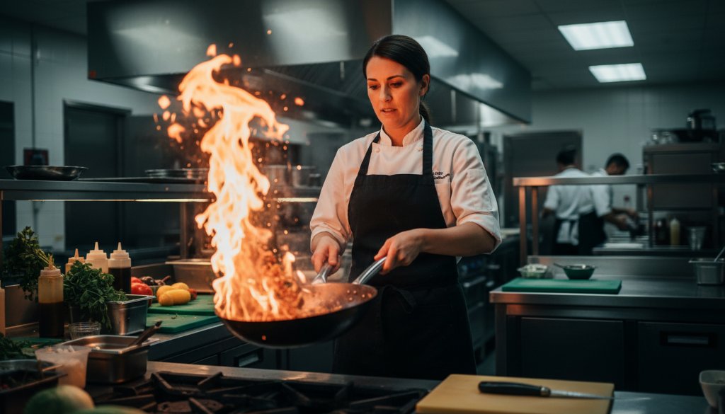 A dynamic, wide-angle shot of a chef expertly tossing ingredients in a vibrant, bustling kitchen in Bayswater North, showcasing the energy of local food businesses through compelling Bayswater North editorial photography for compelling brand stories.