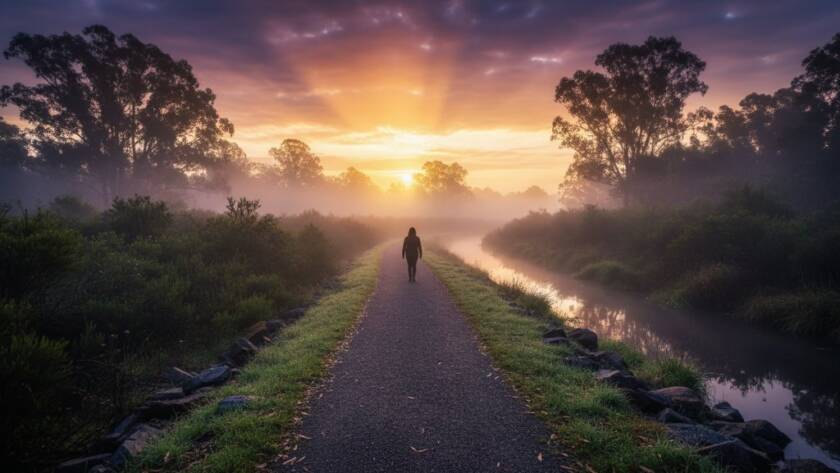 An ethereal, wide-angle fine art photograph showcasing a lone figure silhouetted against a dramatic sunset over a misty Dandenong Creek path in Bayswater North, Victoria, symbolising contemplation and the beauty of Bayswater North fine art photography capturing unique stories.