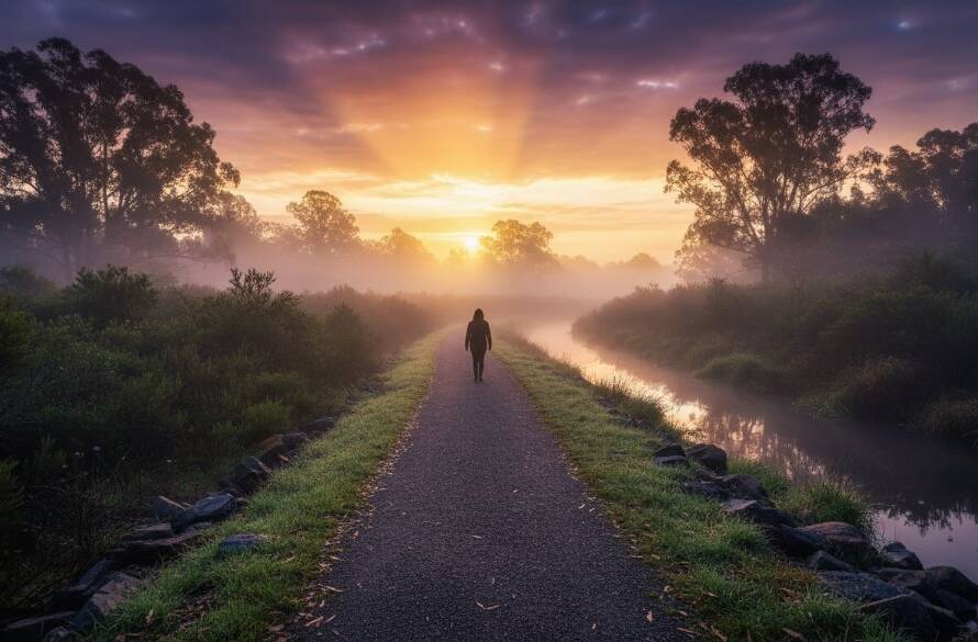 An ethereal, wide-angle fine art photograph showcasing a lone figure silhouetted against a dramatic sunset over a misty Dandenong Creek path in Bayswater North, Victoria, symbolising contemplation and the beauty of Bayswater North fine art photography capturing unique stories.