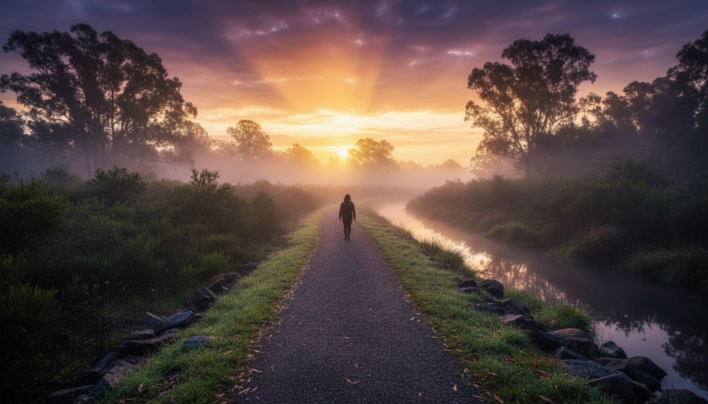 An ethereal, wide-angle fine art photograph showcasing a lone figure silhouetted against a dramatic sunset over a misty Dandenong Creek path in Bayswater North, Victoria, symbolising contemplation and the beauty of Bayswater North fine art photography capturing unique stories.