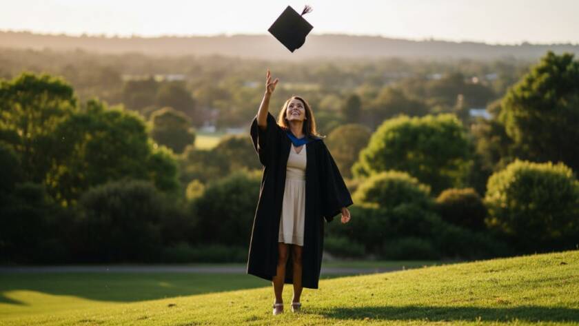 An epic moment captured during a Bayswater North graduation photoshoot experience Victoria, featuring a joyful graduate in their cap and gown, framed by the late afternoon sun over a scenic local park, tossing their cap in the air with sheer elation, celebrating their achievement.