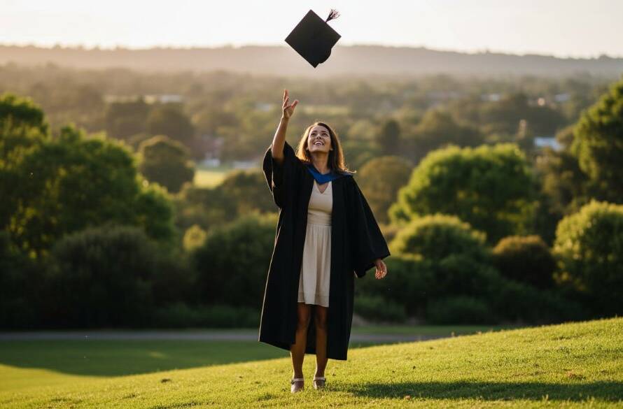 An epic moment captured during a Bayswater North graduation photoshoot experience Victoria, featuring a joyful graduate in their cap and gown, framed by the late afternoon sun over a scenic local park, tossing their cap in the air with sheer elation, celebrating their achievement.