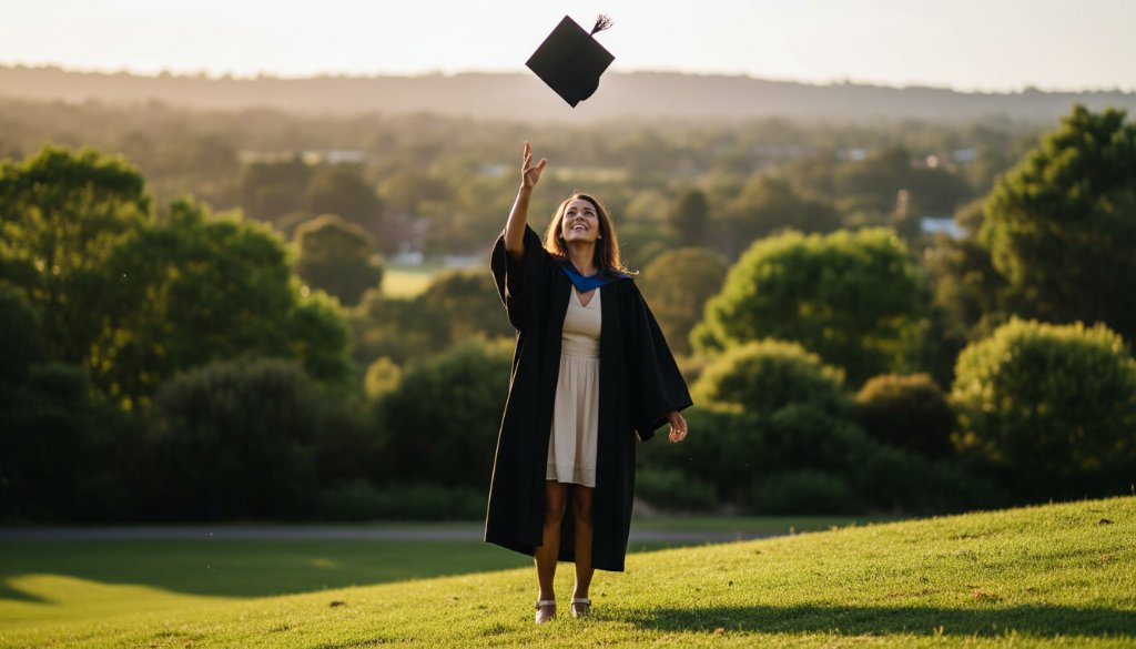 An epic moment captured during a Bayswater North graduation photoshoot experience Victoria, featuring a joyful graduate in their cap and gown, framed by the late afternoon sun over a scenic local park, tossing their cap in the air with sheer elation, celebrating their achievement.