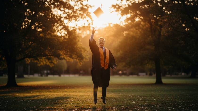An ecstatic student in a cap and gown, framed by the vibrant autumn leaves of Bayswater North, celebrating their Bayswater North graduation photoshoot Victoria with a triumphant smile, cinematic lighting highlighting their joy.