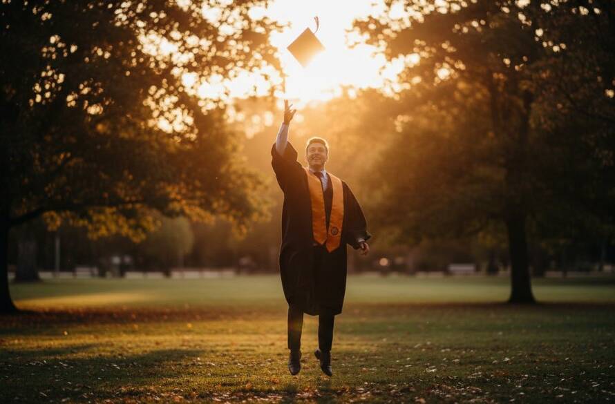An ecstatic student in a cap and gown, framed by the vibrant autumn leaves of Bayswater North, celebrating their Bayswater North graduation photoshoot Victoria with a triumphant smile, cinematic lighting highlighting their joy.