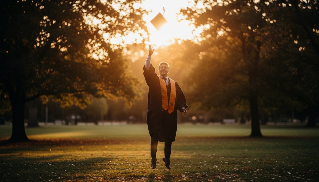 An ecstatic student in a cap and gown, framed by the vibrant autumn leaves of Bayswater North, celebrating their Bayswater North graduation photoshoot Victoria with a triumphant smile, cinematic lighting highlighting their joy.