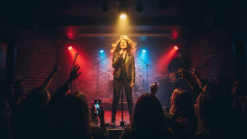 Dynamic wide shot capturing the vibrant energy of a local band performing an intimate gig in Bayswater North, illuminated by dramatic stage lights, perfectly illustrating Bayswater North intimate gig photography tips.