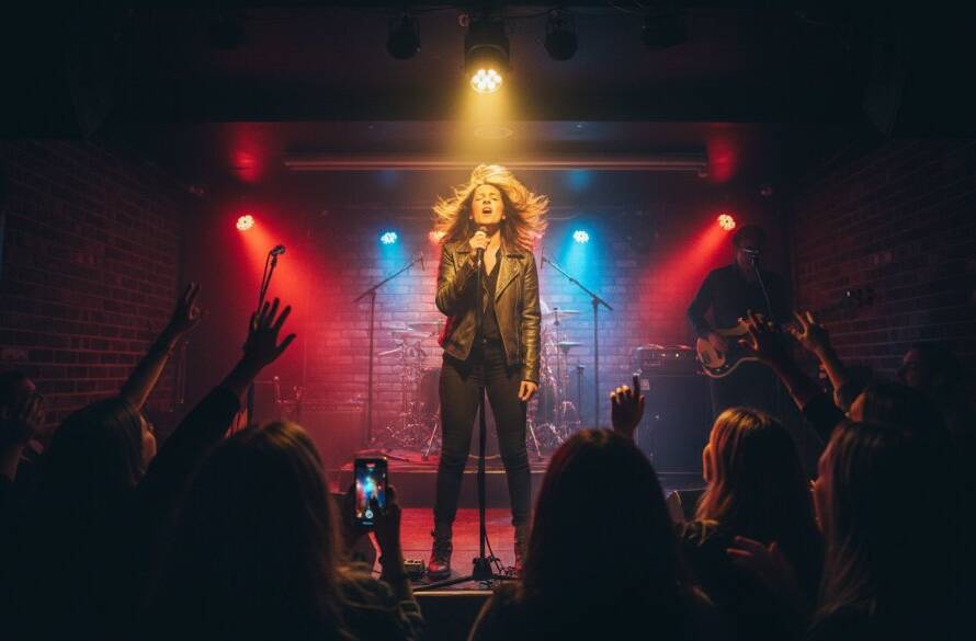 Dynamic wide shot capturing the vibrant energy of a local band performing an intimate gig in Bayswater North, illuminated by dramatic stage lights, perfectly illustrating Bayswater North intimate gig photography tips.