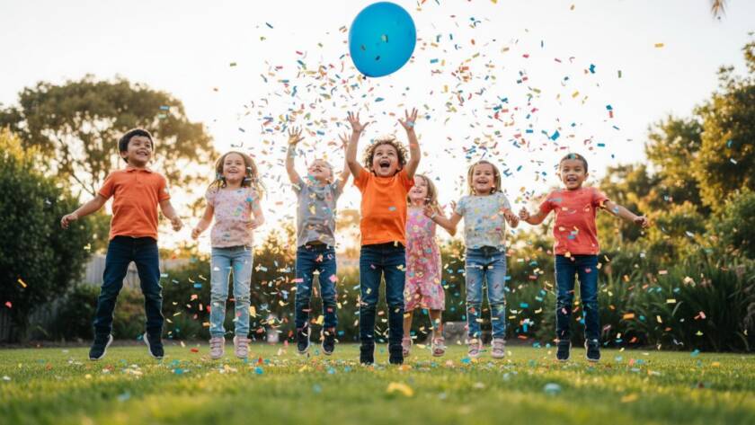 A high-energy, wide-angle shot of a group of children laughing and covered in colourful confetti at a Bayswater North kids birthday party photography session, captured with dramatic backlight and professional colour grading, highlighting pure joy.