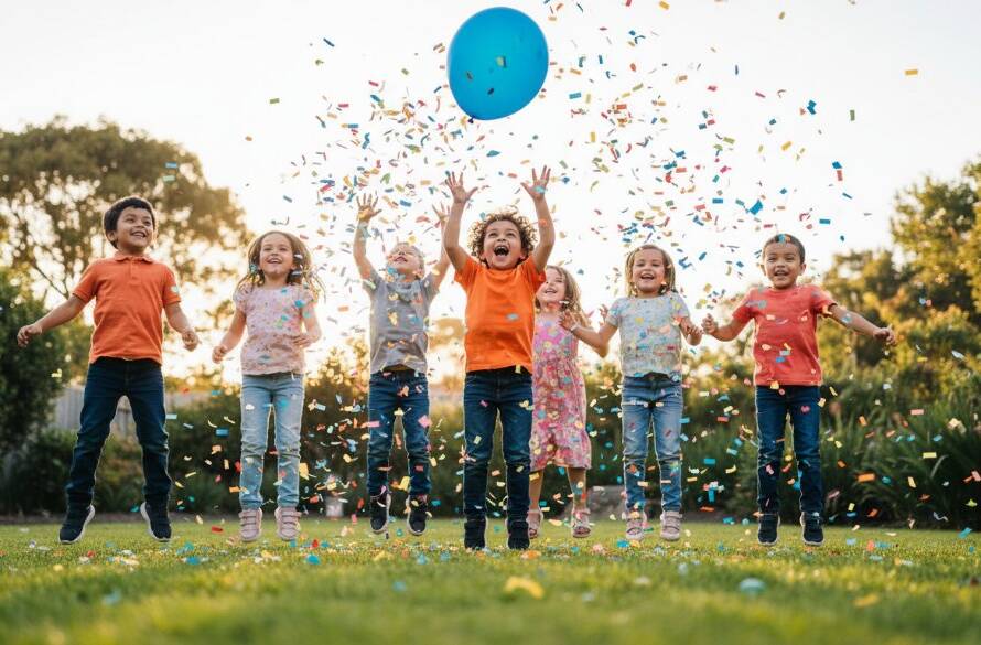 A high-energy, wide-angle shot of a group of children laughing and covered in colourful confetti at a Bayswater North kids birthday party photography session, captured with dramatic backlight and professional colour grading, highlighting pure joy.
