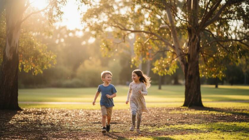 Two joyous children, a boy and a girl, laughing as they run through a sun-dappled park in Bayswater North, capturing perfect Bayswater North kids photography candid moments, with golden light filtering through autumn leaves, a true epic moment of childhood freedom.