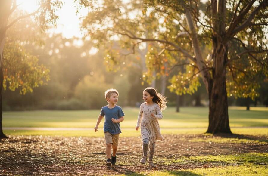 Two joyous children, a boy and a girl, laughing as they run through a sun-dappled park in Bayswater North, capturing perfect Bayswater North kids photography candid moments, with golden light filtering through autumn leaves, a true epic moment of childhood freedom.
