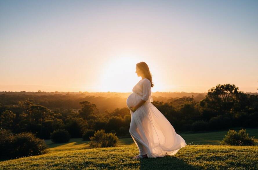 An expectant mother in a flowing gown at sunset, silhouetted against a dramatic sky in a scenic Bayswater North park, embodying Bayswater North maternity photography glowing moments. Professional, cinematic style.