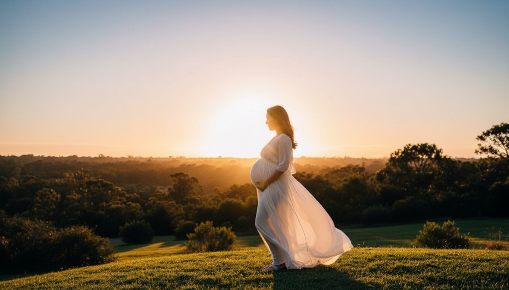 An expectant mother in a flowing gown at sunset, silhouetted against a dramatic sky in a scenic Bayswater North park, embodying Bayswater North maternity photography glowing moments. Professional, cinematic style.