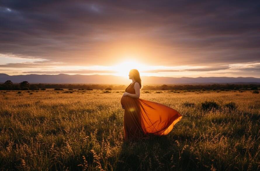 An expectant mother in a flowing gown, silhouetted by the golden hour sun during her Bayswater North maternity photoshoot outdoor glow, standing majestically in a natural reserve, capturing an epic and serene moment.
