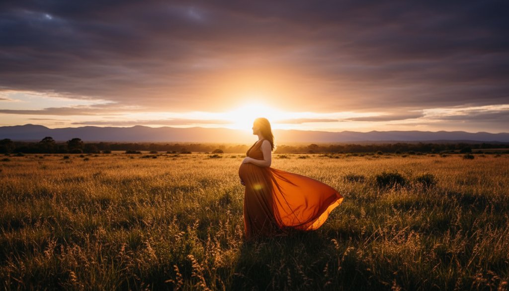 An expectant mother in a flowing gown, silhouetted by the golden hour sun during her Bayswater North maternity photoshoot outdoor glow, standing majestically in a natural reserve, capturing an epic and serene moment.
