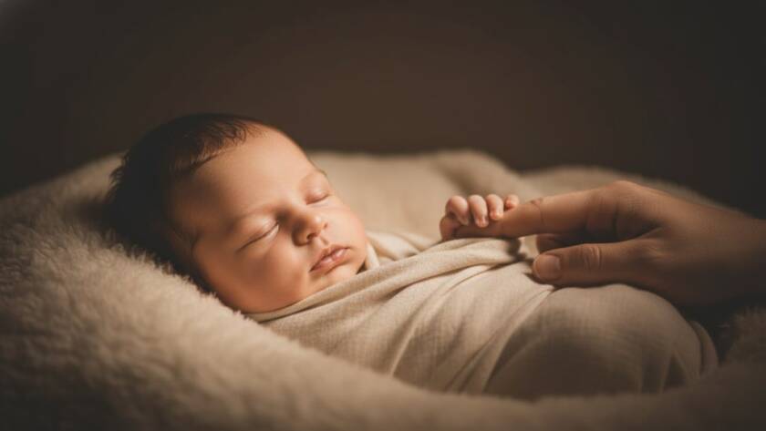 A heartwarming and dramatically lit photograph capturing Bayswater North newborn photography cherished moments, featuring a newborn baby nestled peacefully in soft blankets, bathed in a warm, ethereal glow. The baby's tiny hand gently grasps a parent's finger, symbolising love and connection. Shot in a professional studio setting with shallow depth of field, showcasing the delicate features and innocence of the baby, creating a truly epic and cherished moment.