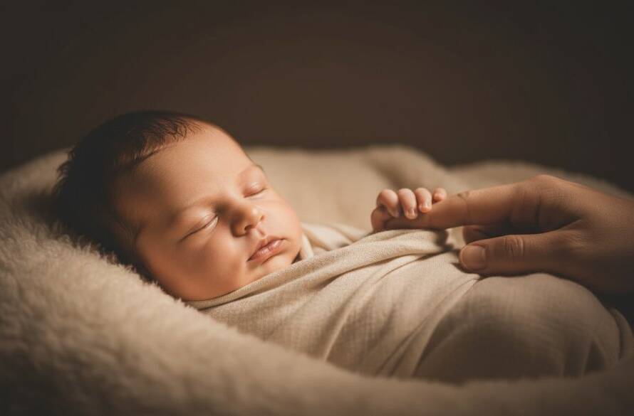 A heartwarming and dramatically lit photograph capturing Bayswater North newborn photography cherished moments, featuring a newborn baby nestled peacefully in soft blankets, bathed in a warm, ethereal glow. The baby's tiny hand gently grasps a parent's finger, symbolising love and connection. Shot in a professional studio setting with shallow depth of field, showcasing the delicate features and innocence of the baby, creating a truly epic and cherished moment.