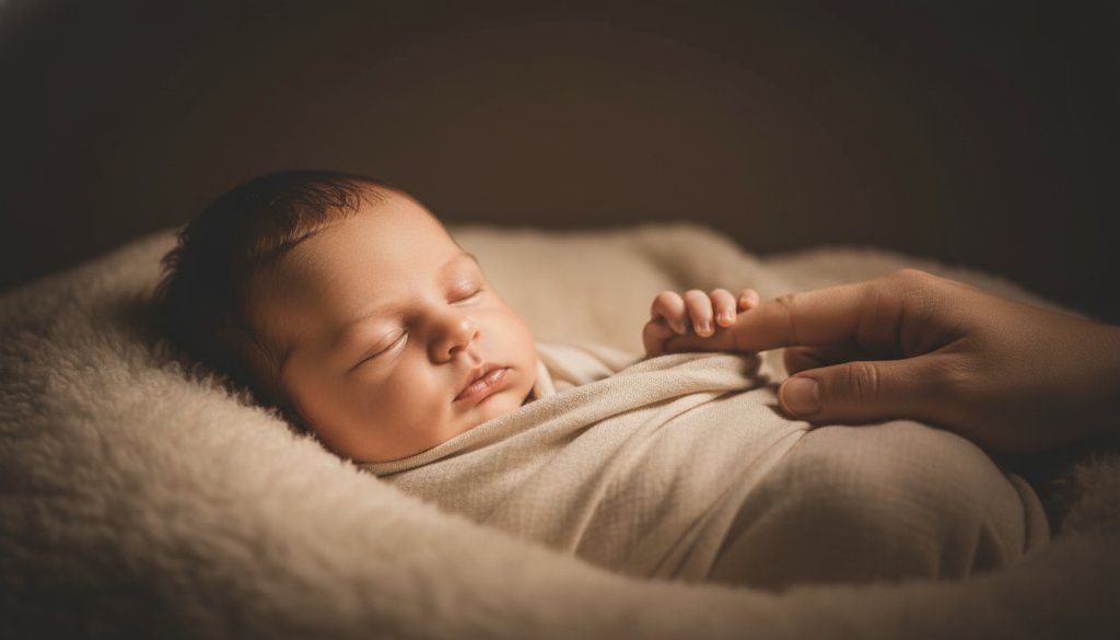 A heartwarming and dramatically lit photograph capturing Bayswater North newborn photography cherished moments, featuring a newborn baby nestled peacefully in soft blankets, bathed in a warm, ethereal glow. The baby's tiny hand gently grasps a parent's finger, symbolising love and connection. Shot in a professional studio setting with shallow depth of field, showcasing the delicate features and innocence of the baby, creating a truly epic and cherished moment.