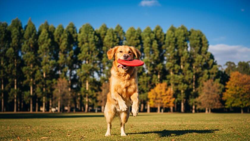 An epic moment captured in Bayswater North pet photography joyful outdoor portraits: a golden retriever mid-leap, tongue out, joyfully catching a frisbee in a sun-drenched park with lush green trees and a soft golden hour glow, showcasing professional, color-graded photography.