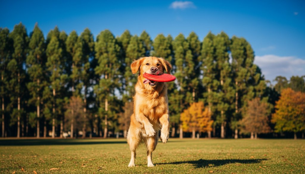An epic moment captured in Bayswater North pet photography joyful outdoor portraits: a golden retriever mid-leap, tongue out, joyfully catching a frisbee in a sun-drenched park with lush green trees and a soft golden hour glow, showcasing professional, color-graded photography.
