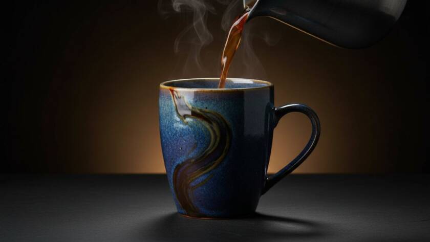 Dynamic studio shot capturing a handcrafted ceramic mug with steam rising, showcasing professional Bayswater North product photography for local brands, dramatically lit against a dark, textured background with a subtle lens flare, highlighting intricate details and luxurious finish.