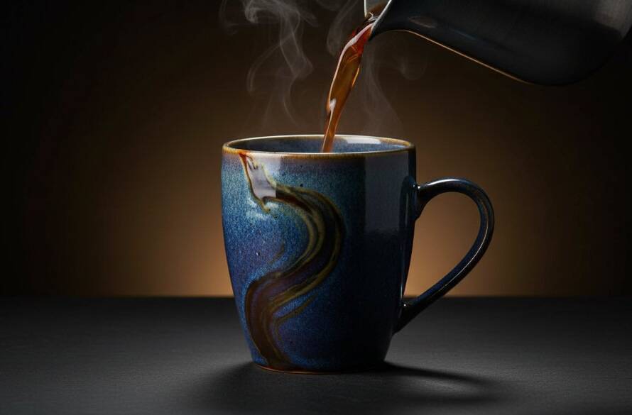 Dynamic studio shot capturing a handcrafted ceramic mug with steam rising, showcasing professional Bayswater North product photography for local brands, dramatically lit against a dark, textured background with a subtle lens flare, highlighting intricate details and luxurious finish.