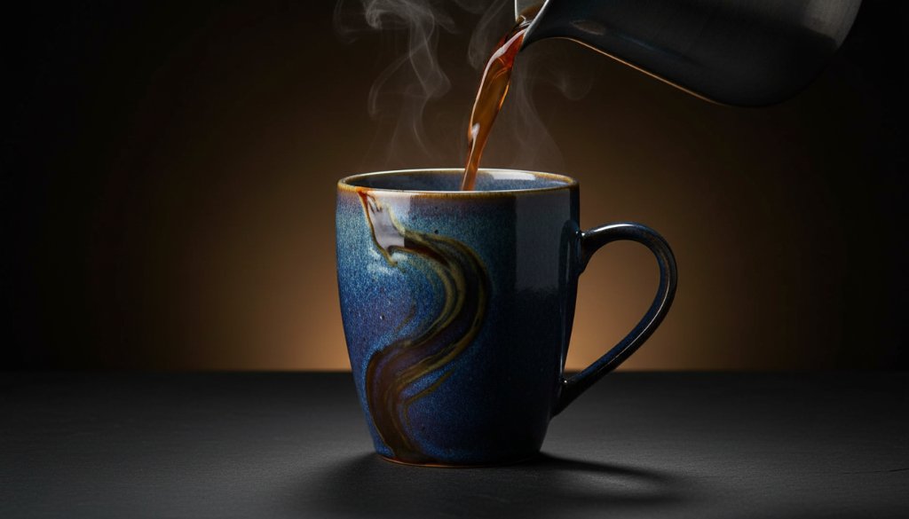 Dynamic studio shot capturing a handcrafted ceramic mug with steam rising, showcasing professional Bayswater North product photography for local brands, dramatically lit against a dark, textured background with a subtle lens flare, highlighting intricate details and luxurious finish.