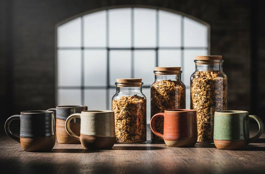 Dynamic overhead shot of artisan handcrafted ceramic mugs and local honey jars arranged on a rustic wooden table, illuminated by a dramatic ray of natural light streaming through a window in a Bayswater North studio, showcasing exquisite Bayswater North product photography for small businesses with sharp focus and warm, inviting tones.